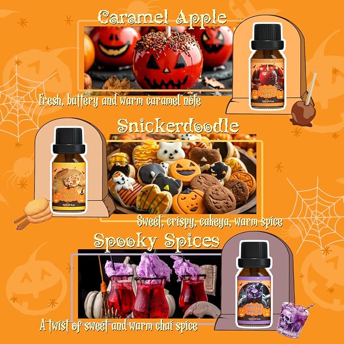 ARVIDSSON Halloween Fragrance Oils Set, Fall Essential Oils for Diffuser - Pumpkin Pie, Spiced Cider, Caramel Apple, Candy Corn, Snickerdoodle, Spooky Spices, Autumn Scented Oil