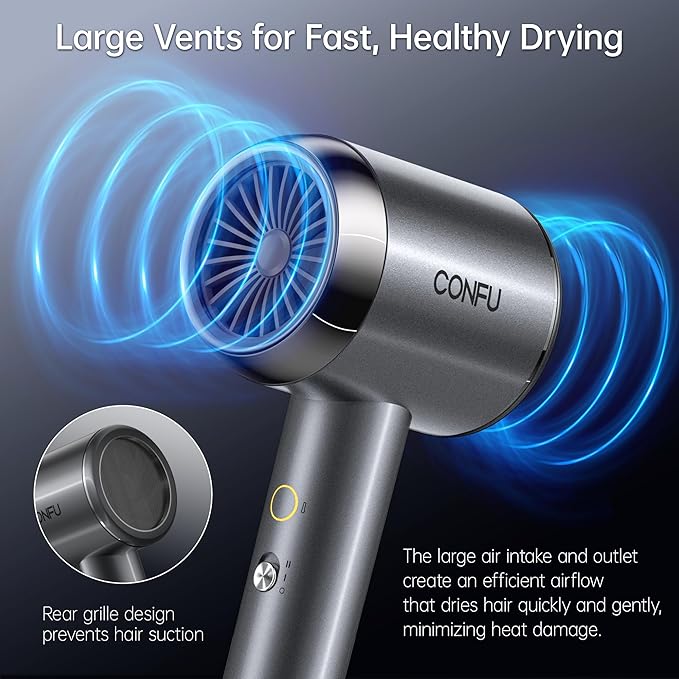 CONFU Diffuser Hair Blow Dryer - Plasma Ionic Professional 1600 Watt Hairdryer Fast Drying for Curly Hair Anti Frizz - Lightweight Portable Ion Blower Dryer for Women & Men
