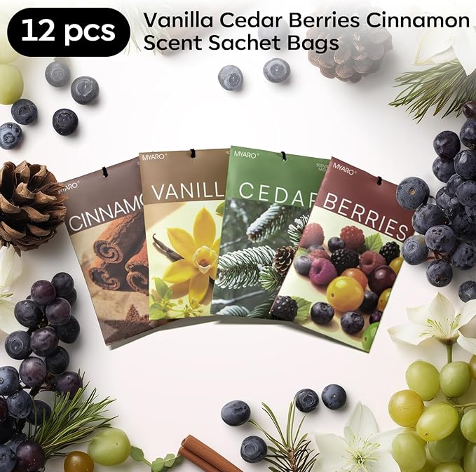 MYARO 20 Packs Cedar Cinnamon Vanilla Berries Potpourri Bag Scent Sachet for Closet Drawer Room Car Home Air Freshener Shoe Odor Elimination