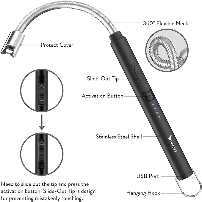 SUPRUS Electric Candle Lighter USB Type C Rechargeable Lighter Steel Shell & Hanging Hook with 360° Flexible Neck (Black)