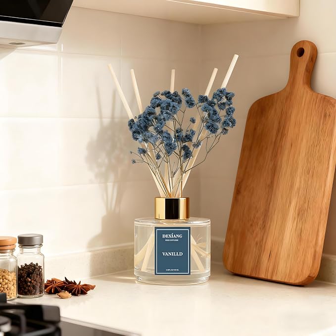 Reed Diffuser Set - 3.38 fl oz Vanilla Premium Scented Oil with Preserved Baby's Breath & Cotton 6 Sticks | Long-Lasting Aromatherapy for Home, Bedroom, Bathroom, Office Home Decor
