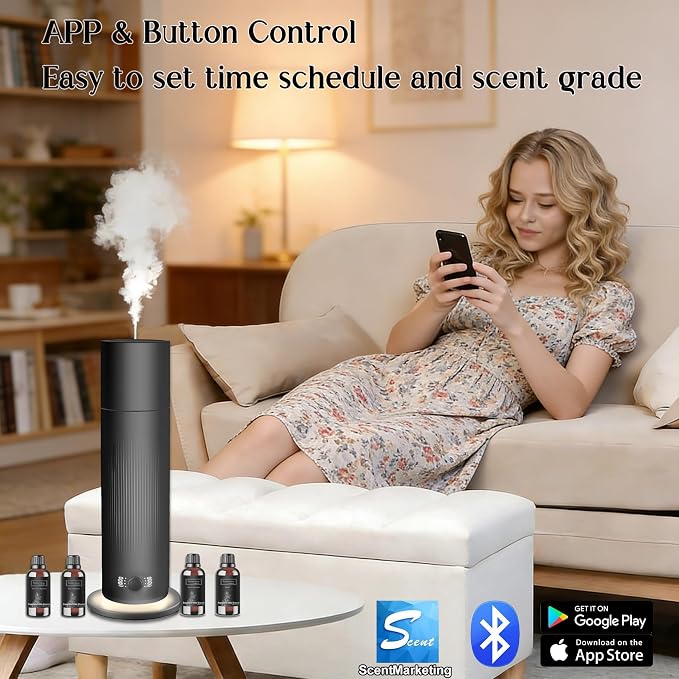 Waterless Essential Oil Diffuser, Scent Air Machine for Home with 4x30ml Hotel Scent Oil Sets, Covers Up to 1000 Sq.Ft, Adjustable Mist & Timer, Hotel and Commercial Use
