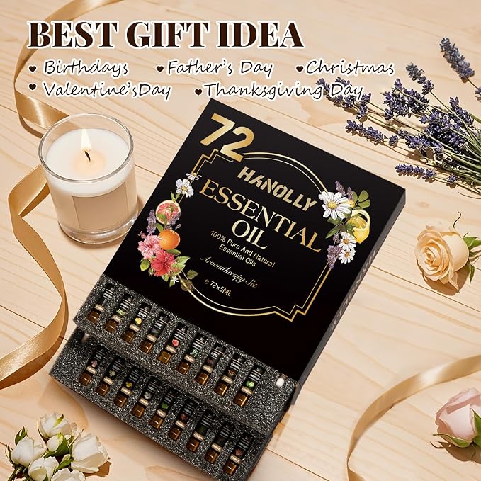 Essential Oils Set, 72 Pcs Pure Aromatherapy Essential Oil Kit, Natural Fragrance Oils for Diffuser, Humidifier, Massage, Skin & Hair Care, Soap, Candle Making, Gift Box for Men & Women(72 * 5ML)