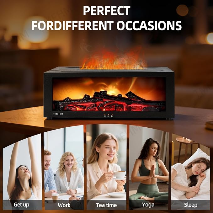 TMEHM Fireplace Flame Air Diffuser Humidifier,7 Colors Aromatherapy Essential Oil Diffuser,Ultrasonic Aroma Humidifier with Timer for Home,Bedroom,Office,Yoga (Black)