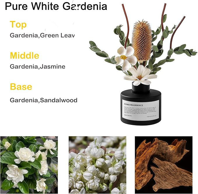 Reed Diffuser Set with Dried Flowers, 3.38fl.oz Fragrance Diffuser with Sticks, Scented Sticks Aroma Diffuser, Home & Office Décor for Air Fresheners, Bathroom (Pure White Gardenia)