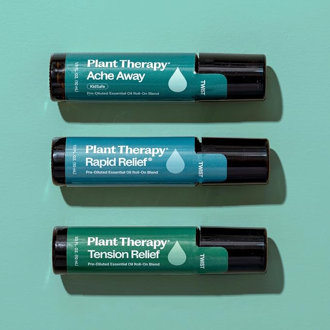Plant Therapy Pain Support Essential Oil Roll On Blend Set, 10 mL (1/3 oz) Each of Ache Away, Rapid Relief & Tension Relief, Pure, Pre-Diluted, Essential Oil Blends