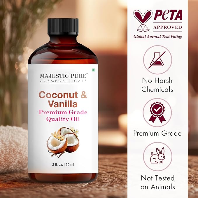 Majestic Pure Essential Oil with Glass Dropper - 100% Pure and Natural - Essential Oils for Diffuser, Aromatherapy, Soap and Candle Making, Coconut Vanilla Essential Oil, Coconut Vanilla Oil, 2 Fl Oz