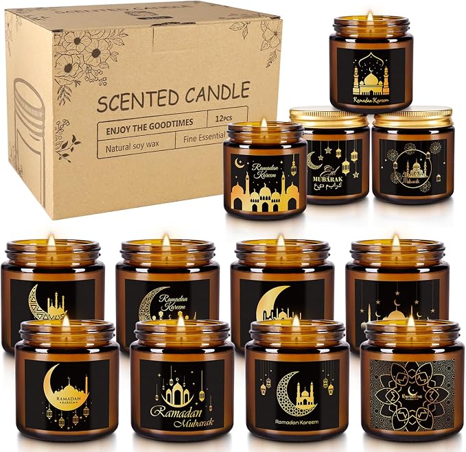 12 Pcs Ramadan Mubarak Scented Candle Set - Eid Candles for Home Decor, Aromatherapy Islamic Gifts for Women & Family, Mosque-Inspired Jar with Islamic Lanterns & Stars, Brown Soy Wax