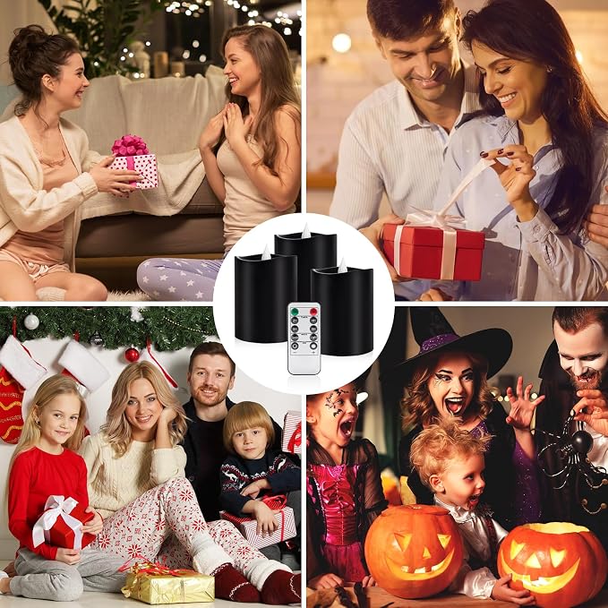 Black Pillar Flameless Candles - 3D Flickering, Remote Timer, Battery Operated, 600+ Hours, Halloween & Gothic Themed Decor (Black, 3"*4"-3pcs)