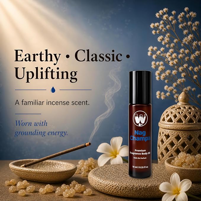 WagsMarket - Nag Champa Perfume Oil, from 0.33oz Roll On to 4oz Glass Bottle (0.33oz Roll On)
