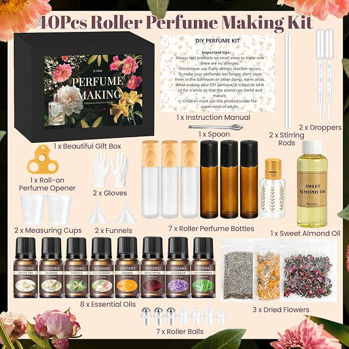 JUYRLE Roller Perfume Making Kit- DIY Perfume Making Kit, Make Your Own Roll-On Perfume with Essential Oil, Perfume Travel Refillable, Roller Fragrance Gift Set for Women Men Adults