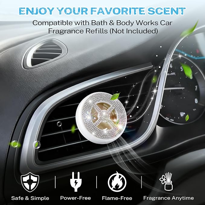 1 Pack Car Fragrance Holder Compatible with Bath & Body Works Refills (Not Included), Air Freshener Vent Clip or Visor Clip, Refillable Scent Holder, Easy to Open Car Diffuser (Diamond White)