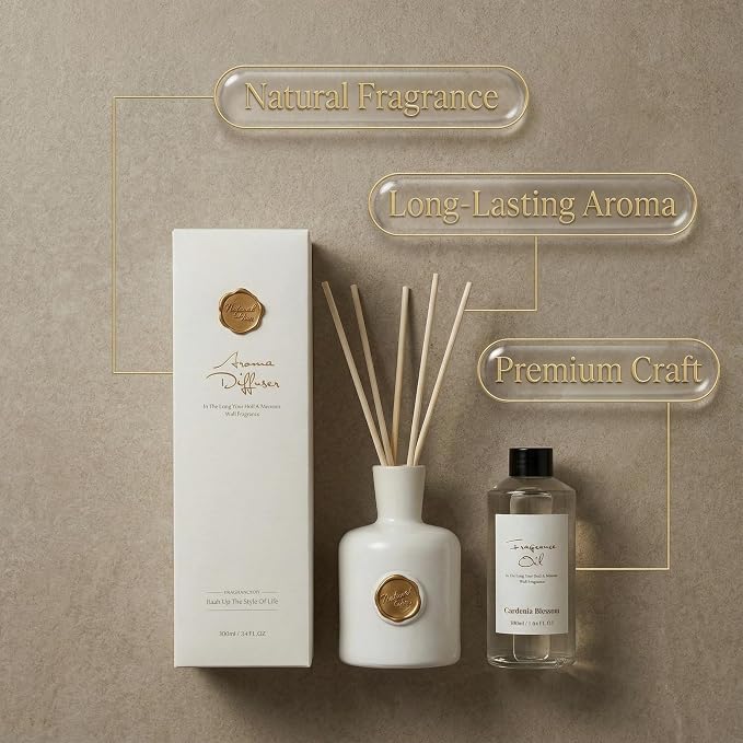 Reed Diffuser Set-Gardenia-Strong Scent, Long-Lasting Evaporation with Natural Reed Sticks & Essential Oils, Elegant Fragrance for Bathroom Bedroom Office Decor Air Fresh-Ideal Gifts