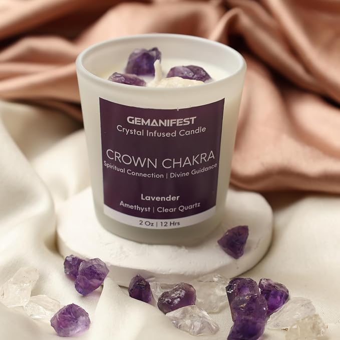 Crown Chakra Meditation Candle with Healing Crystals and Amethyst Bracelet Lavender Candles for Home Relaxing Candles for Women Stress Relief Spiritual Meditation Gifts for Women Men