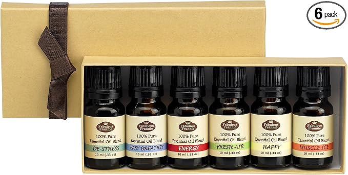 Fabulous Frannie Synergy Pure Essential Oil Blend Basic Sampler Gift Wrapped Set – 6 Aromatherapy Blends: Energy, De-Stress, Easy Breathzy, Muscle Ice, Fresh Air & Happy – 0.33oz Each (Pack of 6)