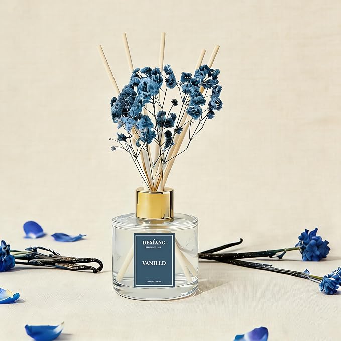 Reed Diffuser Set - 3.38 fl oz Vanilla Premium Scented Oil with Preserved Baby's Breath & Cotton 6 Sticks | Long-Lasting Aromatherapy for Home, Bedroom, Bathroom, Office Home Decor