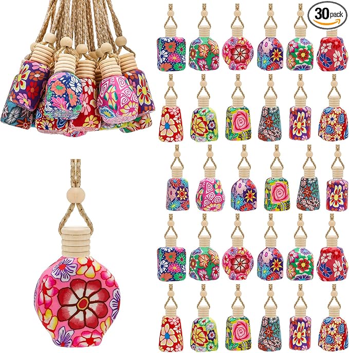 Covzoe 30 Pack Car Diffuser Bottles, Refillable Hanging Car Air Freshener Glass Bottles Bulk, Empty Soft Clay Perfume Bottle Pendant for Fragrance Perfume Aromatherapy, Color Random