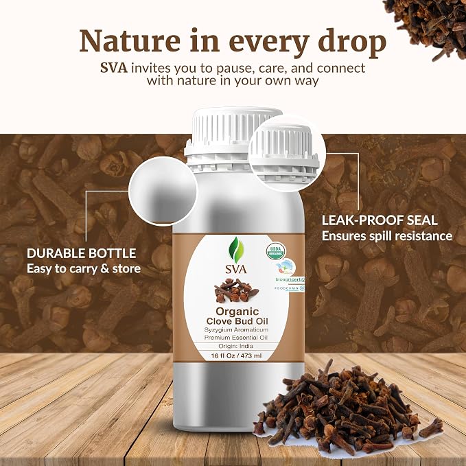 SVA Clove Essential Oil Organic– 16 Fl Oz – 100% Natural Clove Oil - for Diffuser, Hair Care, Face, Skin Care, Aromatherapy, Scalp and Body Massage, Soap and Candle Making