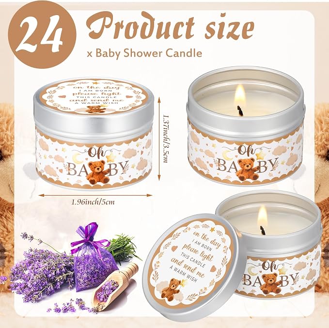 MTLEE 24 Pcs Bear Baby Shower Party Favors Candles Lavender Scented Baby Shower Favors for Guests Rustic Tealights Candles Gender Reveal Return Gifts (1.2 oz, Brown)