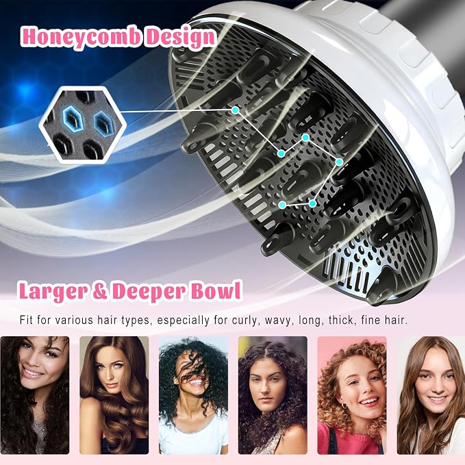 Universal Hair Diffuser for 1.4"-3.1" Blow Dryers, Diffuser Hair Dryer Attachment, Professional Hair Diffuser for Curly Wavy Long Thick Hair, Reduces Frizz & Defines Curls, Home/Travel Use, White