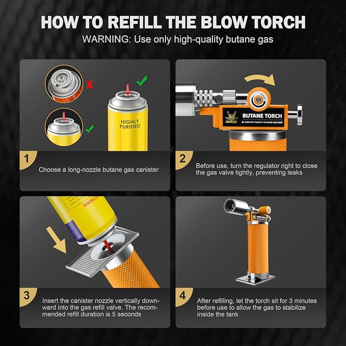 RAVS Butane Torch Lighter, Creme Brulee Torch with Adjustable Flame, Premium Metal Kitchen Torch for Baking, BBQ, DIY, Orange, Butane Gas Not Included