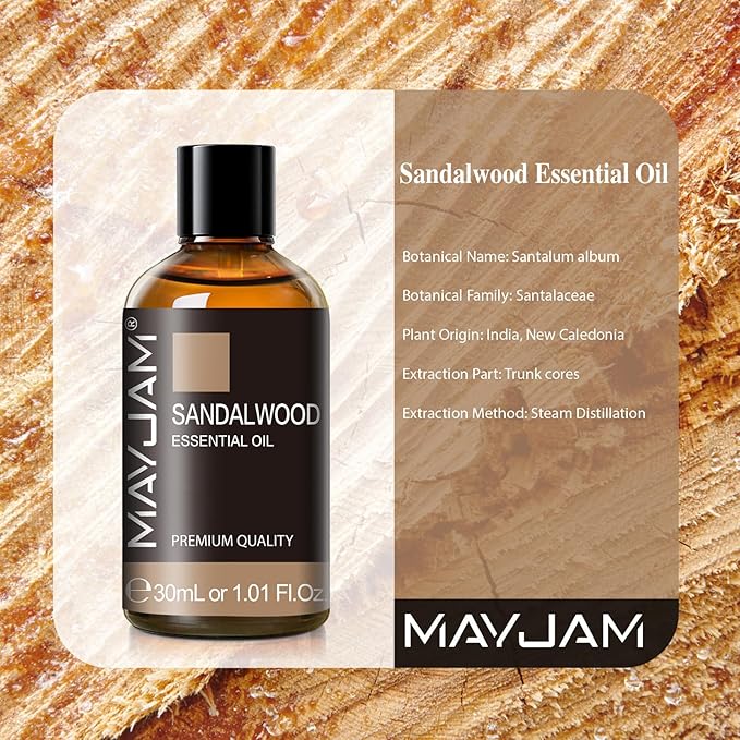 Sandalwood Essential Oil 1.01FL.OZ, MAYJAM Premium Aromatherapy Sandalwood Oil for Diffuser, Candle Making, Home Office Car Yoga Use, 30ML/Bottle