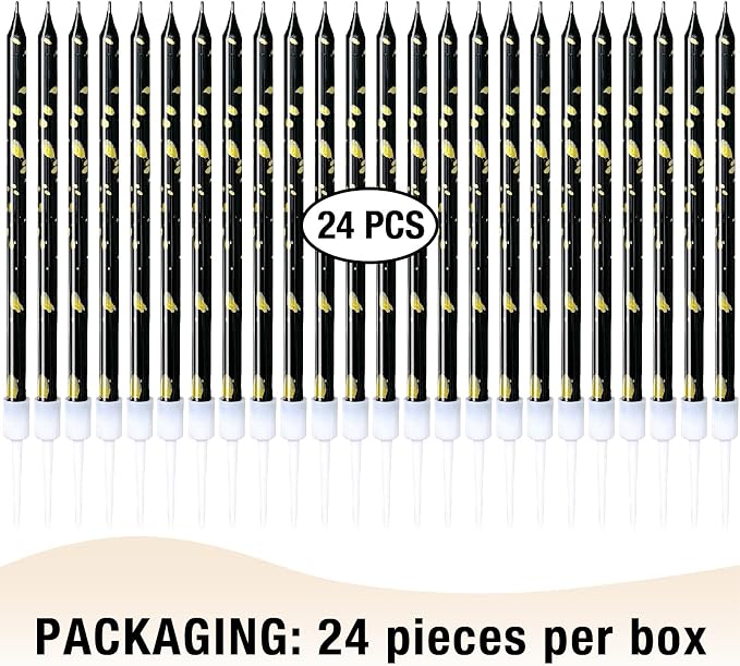 24-Count Black & Gold Birthday Candles, 5.5 Inch Long Thin Cake Candles for Wedding, Celebration, Birthday Party Cake Cupcake Decorations