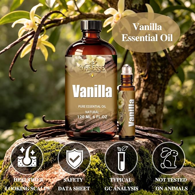 Vanilla Essential Oil, Vanilla Oil 4 Fl Oz 120ml for Diffuser Yoga Soap & Candle Making – with 0.33 Oz Roller Ball & Dropper YHSESSE Essential Oils