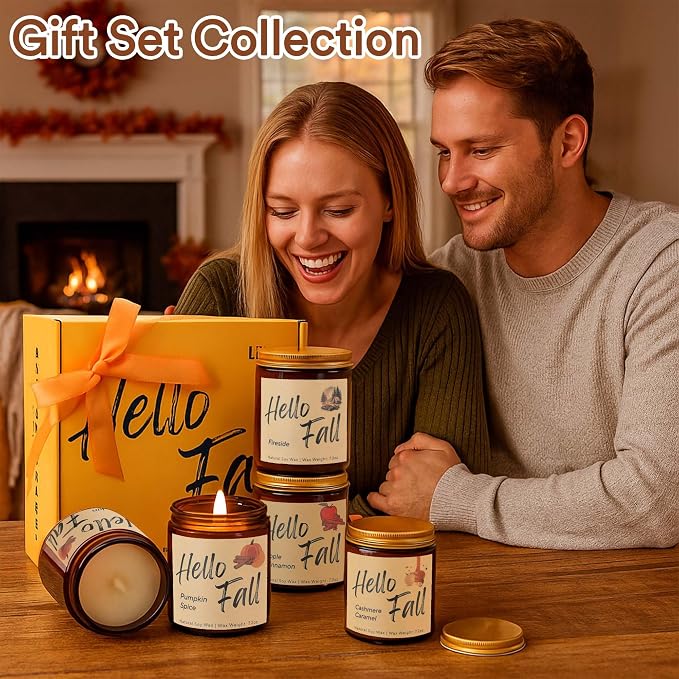 Lihome Fall Candles,Fall Gift for Home Decor, Natural Soy Wax Scented Candles Set- Spicy Pumpkin/Apple Cider/Autumn Harvest/Autumn Leaves(4pcs)