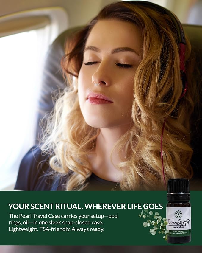 Essence Pearl Travel Case | Eucalyptus Essential Oil | Aromatherapy Nasal Diffuser & Essential Oil Carrying Case | Refreshing Eucalyptus Scent | Travel-Friendly Kit | White Pod