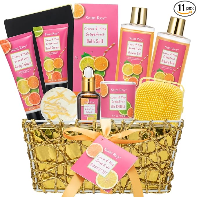 11Pcs Bath & Body Set Spa Gift Basket for Women Men, Self Care Bath Kit | Grapefruit Scents Home Spa Gift for Birthday, Christmas, Valentines, Mother Day, Anniversary Spa Kit, Self Care Pamper Gift
