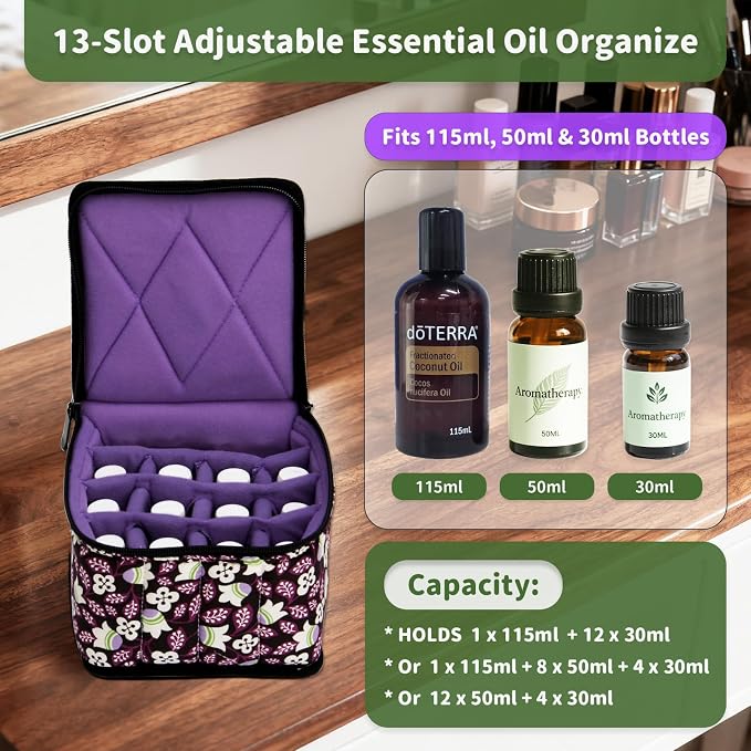 Weljoy Essential Oil Case 13 Bottle Organizer for 30ml 50ml 100ml 115ml 8oz, Travel Bag with Adjustable Dividers Foam Padded for Aromatherapy Roller Dropper Bottles (Bellwort, 5.9x5.9x5 in)