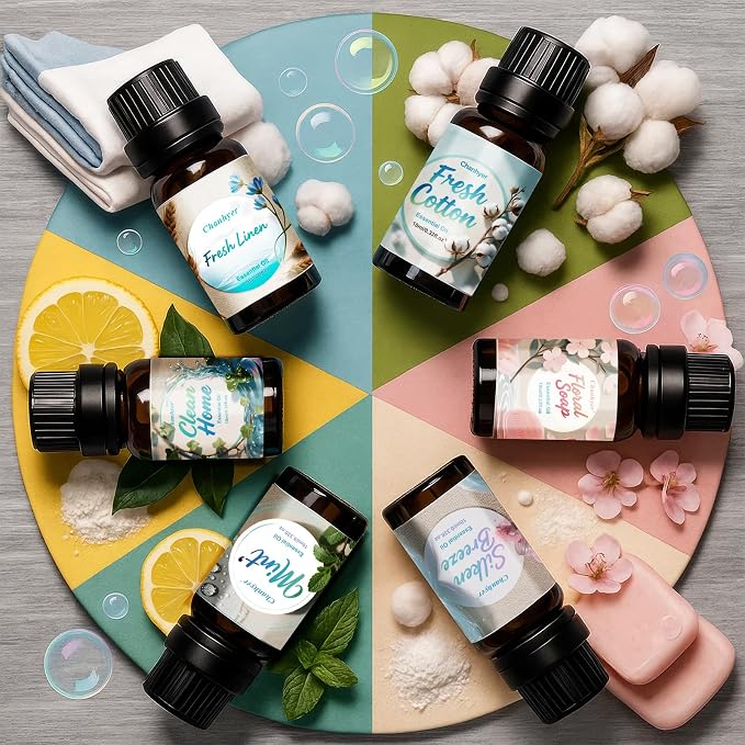Clean Essential Oils Set 6x10ml-Fresh Linen,Mint,Clean Home,Silken Breeze,Fresh Cotton,Floral Soap for Diffuser,Home Fragrance