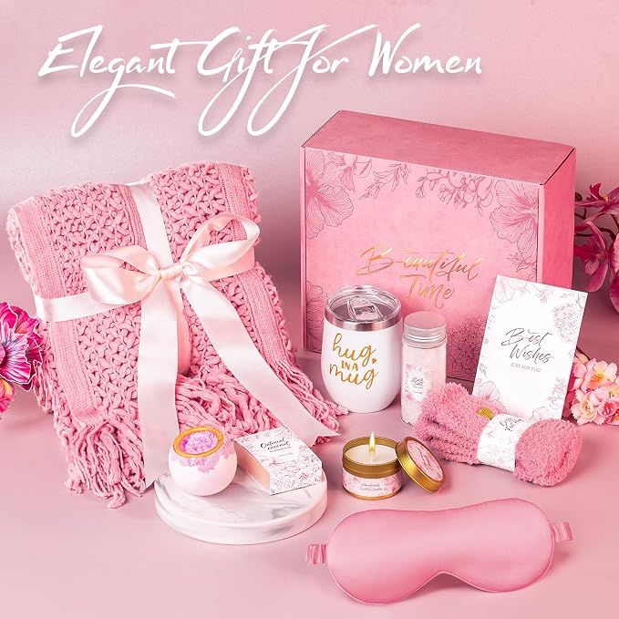 Gift Basket for Women, Self Care Set with Knitted Throw - Care Pkg - Pink | for Women Mom Her Friend Sister Wife Grandma Fringe Blanket, Spa Bath Bombs Candle Soap Sea Salt, Birthday Get Well