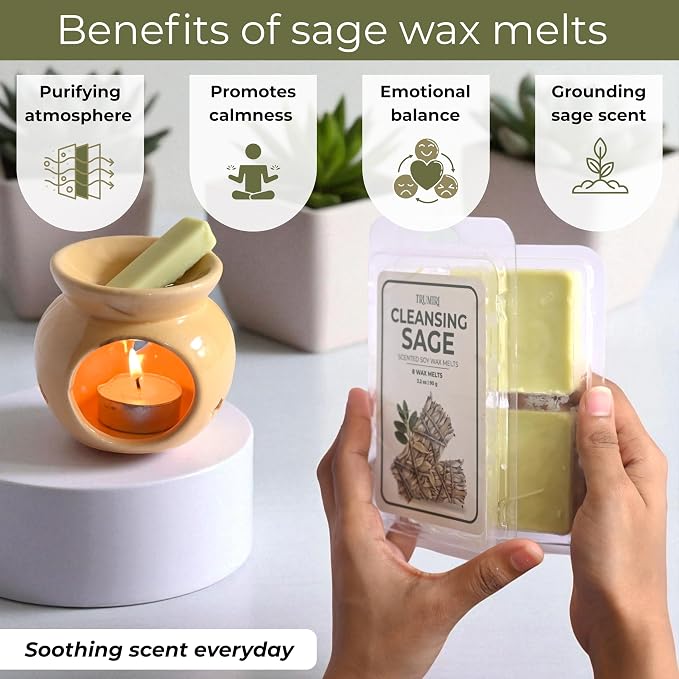 Cleansing Sage Scented Wax Melts - Made With Non Toxic Soy Wax And Essential Oils - Long Lasting Strong Scent Pet Safe Candle Wax Cubes Tarts For Warmers Pack Of 4 - For Cleansing Negative Energy