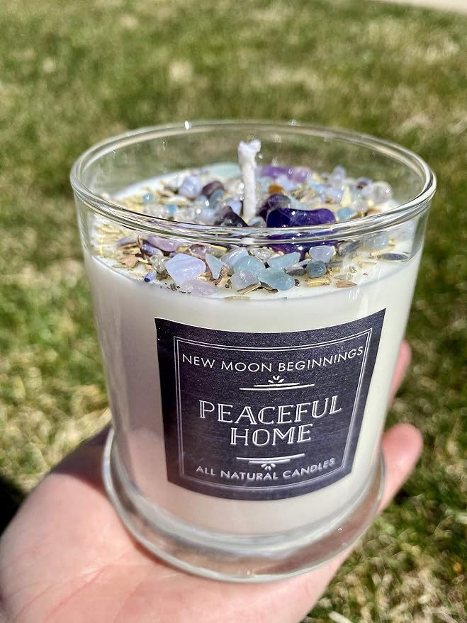 New Moon Beginnings Peaceful Home Candle - Stress Relief, Energy Clearing, All Natural Essential Oil Soy Candle - Crystal Candles (12oz Glass Jar, Eucalyptus, Mint)