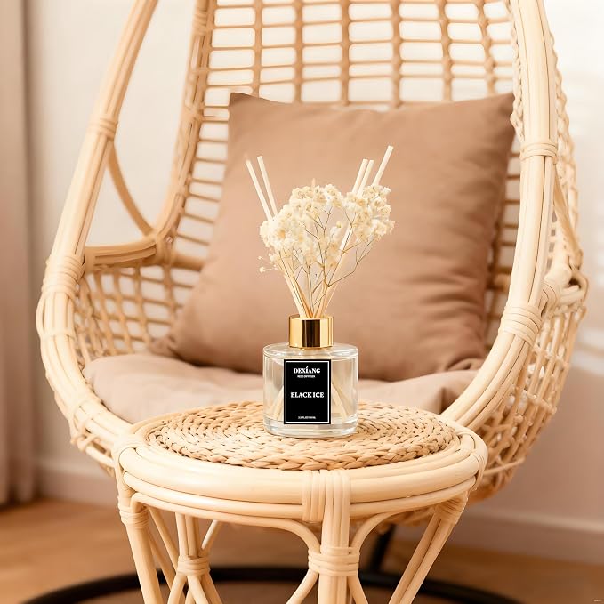 Reed Diffuser Set - 3.38 fl oz Black ice Premium Scented Oil with Preserved Baby's Breath & Cotton 6 Sticks | Long-Lasting Aromatherapy for Home, Bedroom, Bathroom, Office Home Decor
