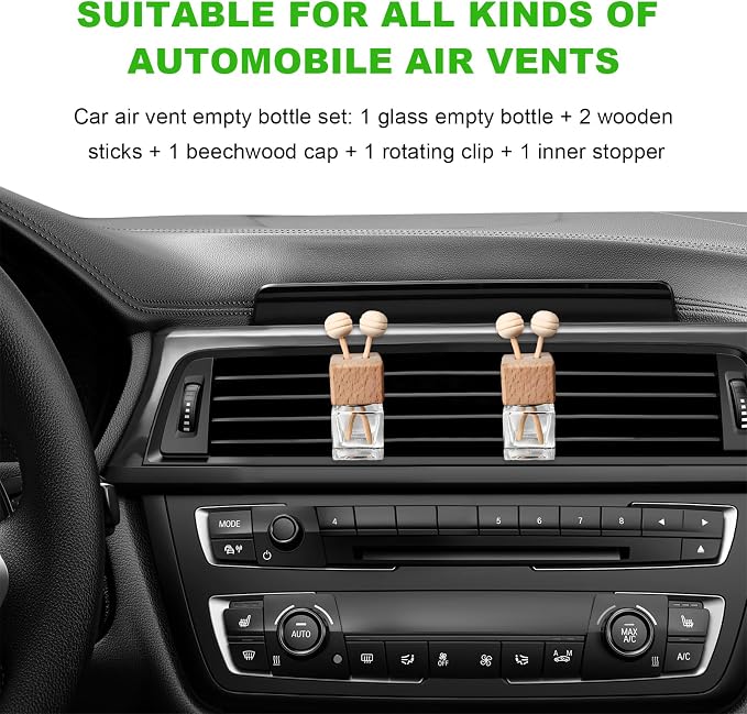 2PCS Car Diffuser Air Freshener Bottle, Empty Essential Oil Perfume Glass Bottle with Vent Clip, Wooden Clear Aromatherapy Fragrance Ornament Auto Decor, Interior Car Accessories