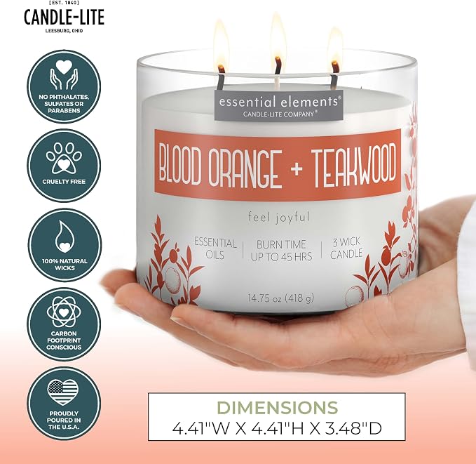 Essential Elements by Candle-lite Scented Candles, Blood Orange & Teakwood Fragrance, One 14.75 oz. Three-Wick Aromatherapy Candle with 45 Hours of Burn Time, Off-White Color