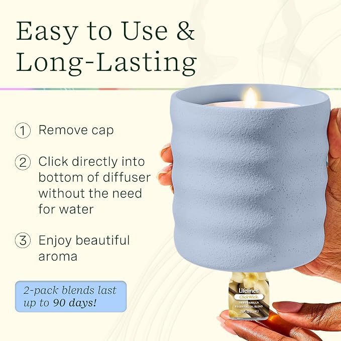Lifelines Flameless Candle Aromatherapy Essential Oil Diffuser with 2 ClickWick Essential Oil Blends - Cordless & Waterless Diffuser for Home - Scented Electric Candles Blow Out Flame - Periwinkle