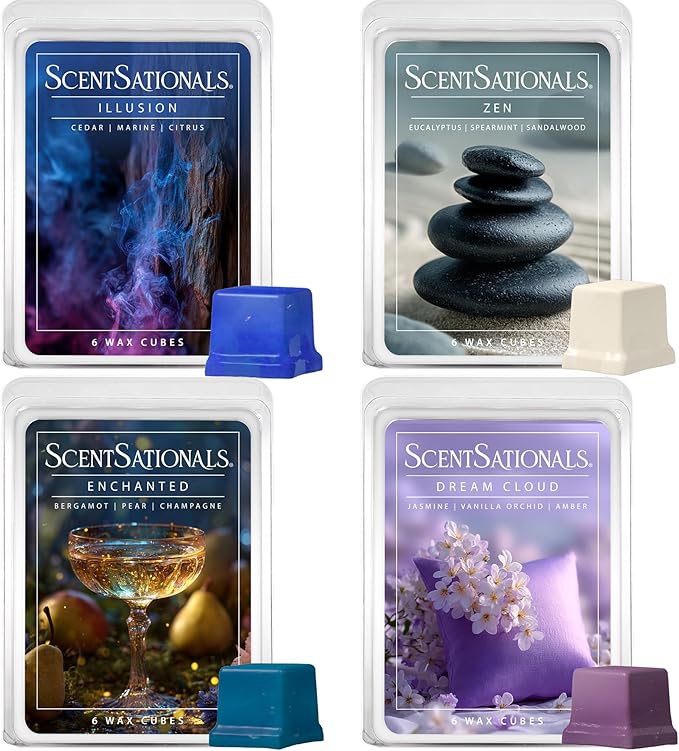 Scentsationals Wax Melts Moodscapes - Tranquility 4-Pack – Long Lasting Wax Cubes with Strong Scent for Warmers – Includes Zen, Illusion, Enchanted & Dream Cloud – 10oz (24-Cubes)