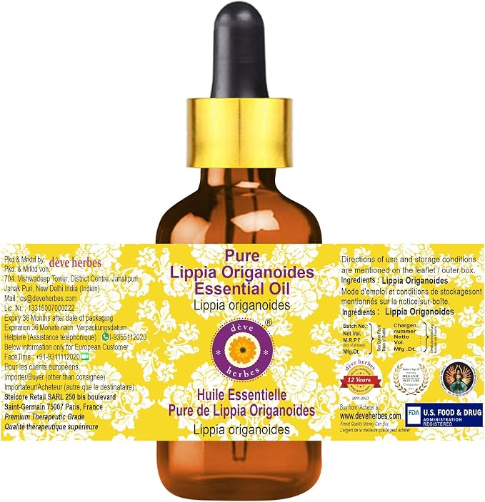 Deve Herbes Pure Lippia Origanoides Essential Oil (Lippia origanoides) with Glass Dropper Steam Distilled 100ml (3.38 oz)