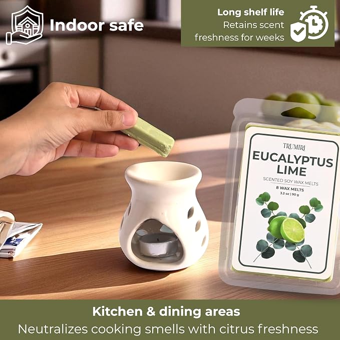 TRUMIRI Eucalyptus Lime Scented Wax Melts - Made with Non Toxic Soy Wax and Essential Oils - Long Lasting Strong Scent Pet Safe Aromatherapy Candle Wax Cubes Tarts for Warmers Pack of 4
