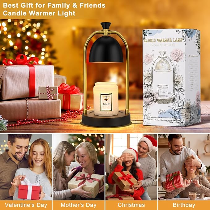 Hong-in Candle Warmer Lamp with Timer & Dimmable, Cozy Birthday Gift for Women Mom, Modern Home Decor House Warming Gifts Wax Melt Warmer for Jar Candles with 2 Bulbs (Black)
