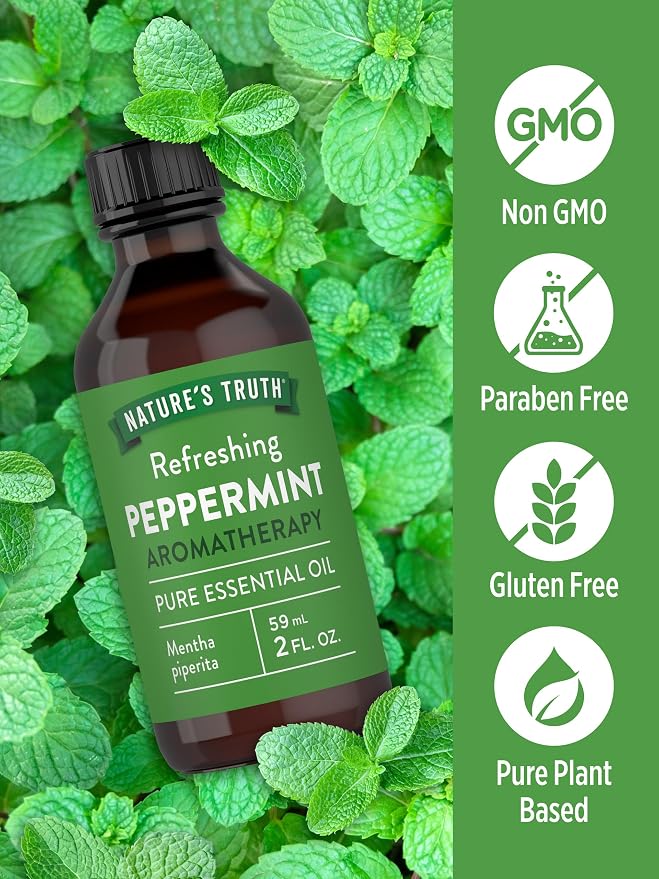 Nature's Truth Peppermint Essential Oil Pure | 2 fl oz | for Diffuser, Aromatherapy, and Massage | Value Size | Plant Based, Non-GMO & Gluten Free