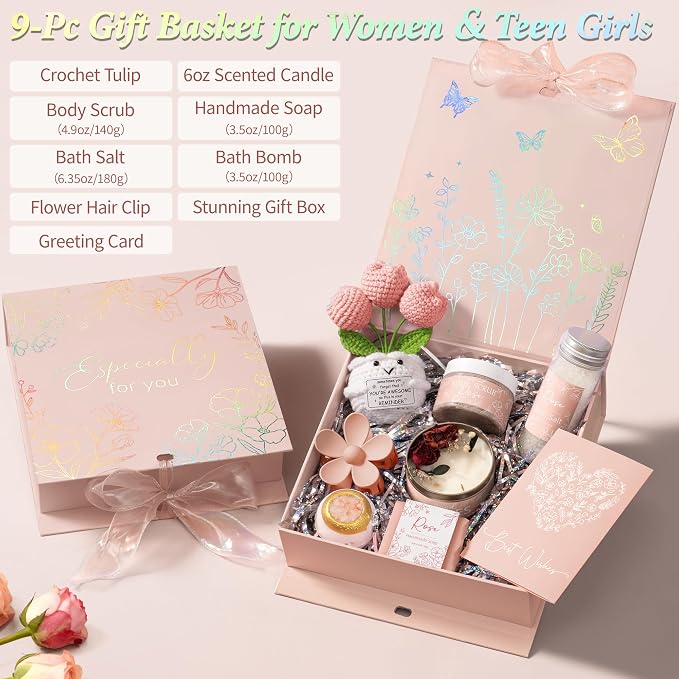 Spa Gifts for Women Bath Gift Set, Rose Relaxing Spa Gift Baskets Home Bath Set Self Care Kit Care Package Thank You Birthday Mothers Day Easter Gifts for Women Her Mom Sister Friends Teen Girls Wife