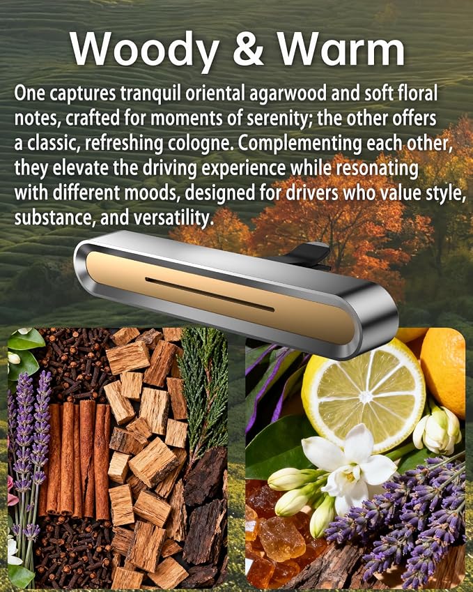 Car Diffusers for Essential Oils,Car Fragrance Diffuser Vent Clips, Includes 4 Scented Essential Oil Sticks and 6 Unscented DIY Refill Sticks (Golden, Woody & Warm)