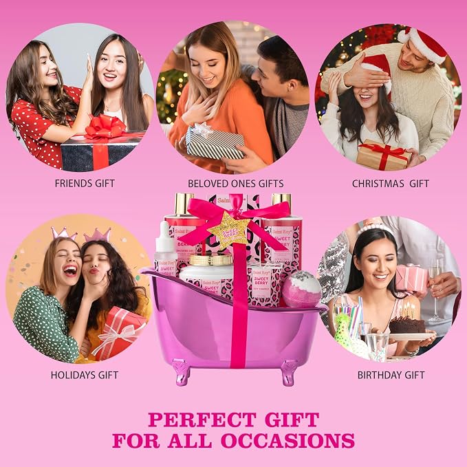 Home Spa Self Care, Bath and Body Spa Gift Basket for Women, Shower Bath Spa Sweet Berry Bath Sets for Teens Gift| Relaxing Care Kit Christmas Mothers Day Gifts for Mom Gift Baskets for Anniversary