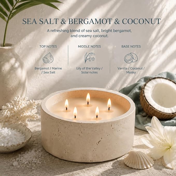 5-Wick Scented Candle-Sea Salt & Bergamot & Coconut,Soy Coconut Wax Blend Candle with Acacia Wood Lid,44oz Large Candle,55-Hour Long Burning,Aromatherapy Candle for Home Decor