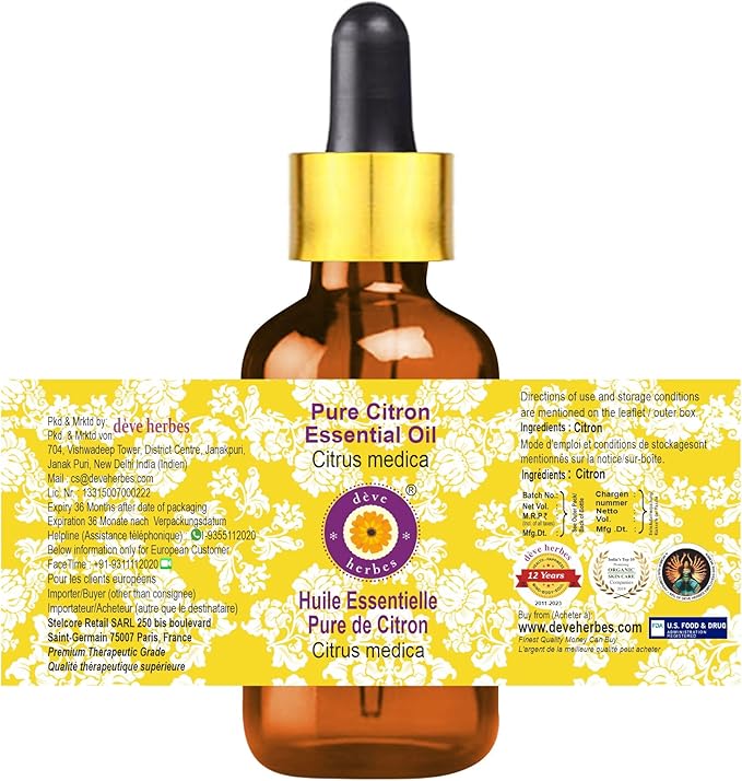 dève herbes Citron Essential Oil (Citrus Medica) with Glass Dropper | Pure | Non-Sticky | Non-Greasy | Lightweight | Men & Women | All Skin Types | Steam Distilled 50ml (1.69 oz)